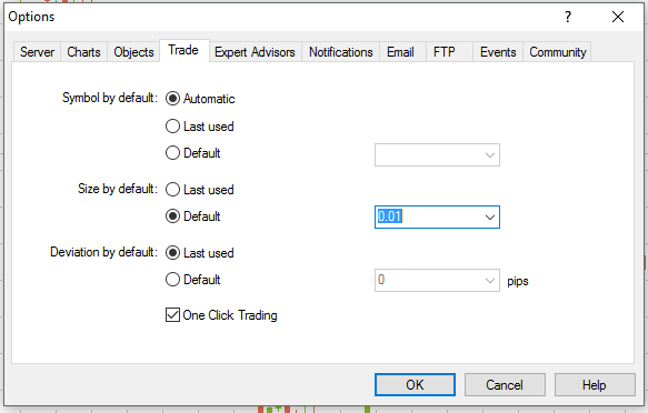 MT4 Trading Platform - Placing Orders and Modifying Settings. Options>Trade and Select 'Size by default'